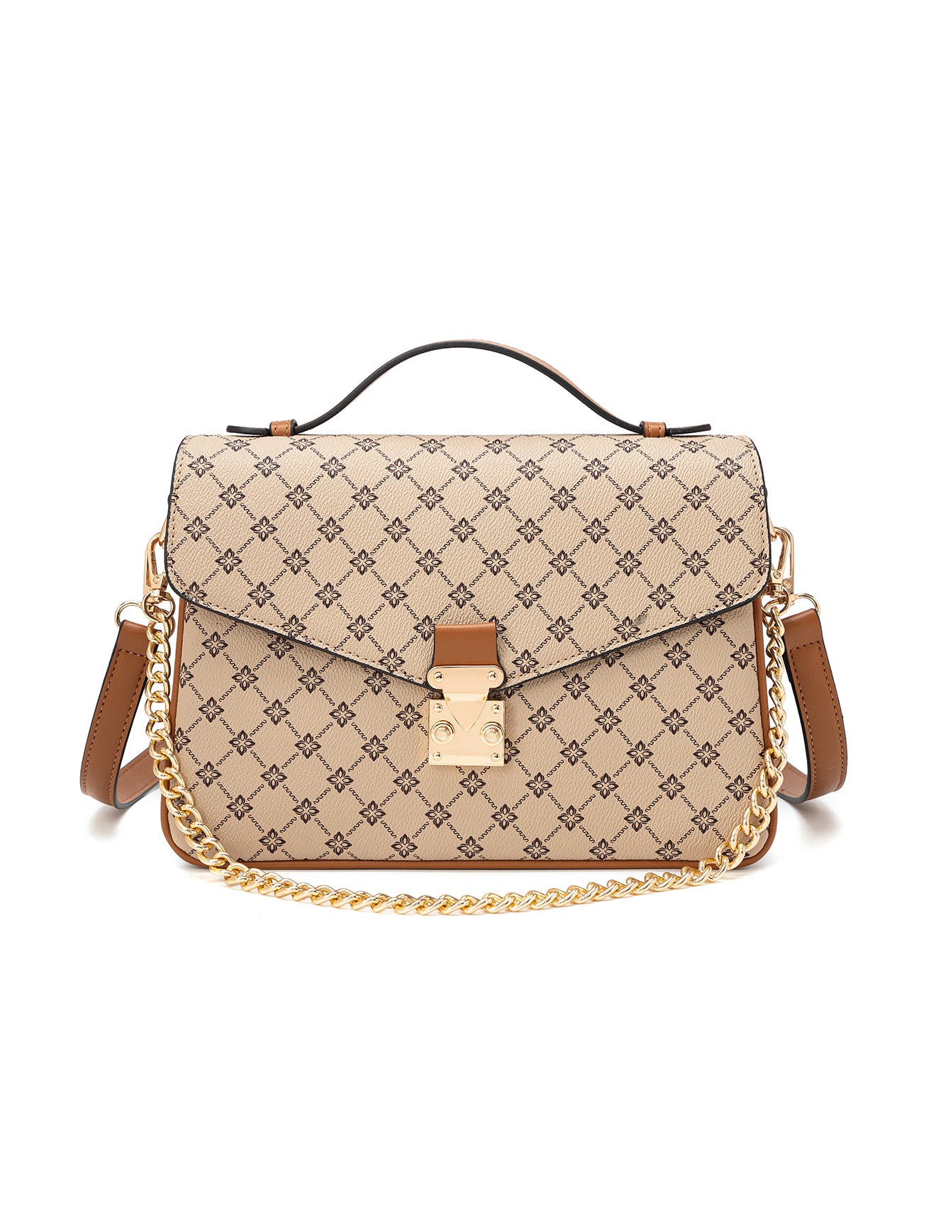 NAPLES TRIPLE COMPARTMENT BAG W/ CHAIN DETAIL AND ADJUSTABLE XBODY STRAP - BEIGE