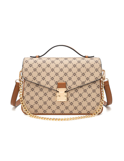 NAPLES TRIPLE COMPARTMENT BAG W/ CHAIN DETAIL AND ADJUSTABLE XBODY STRAP - BEIGE