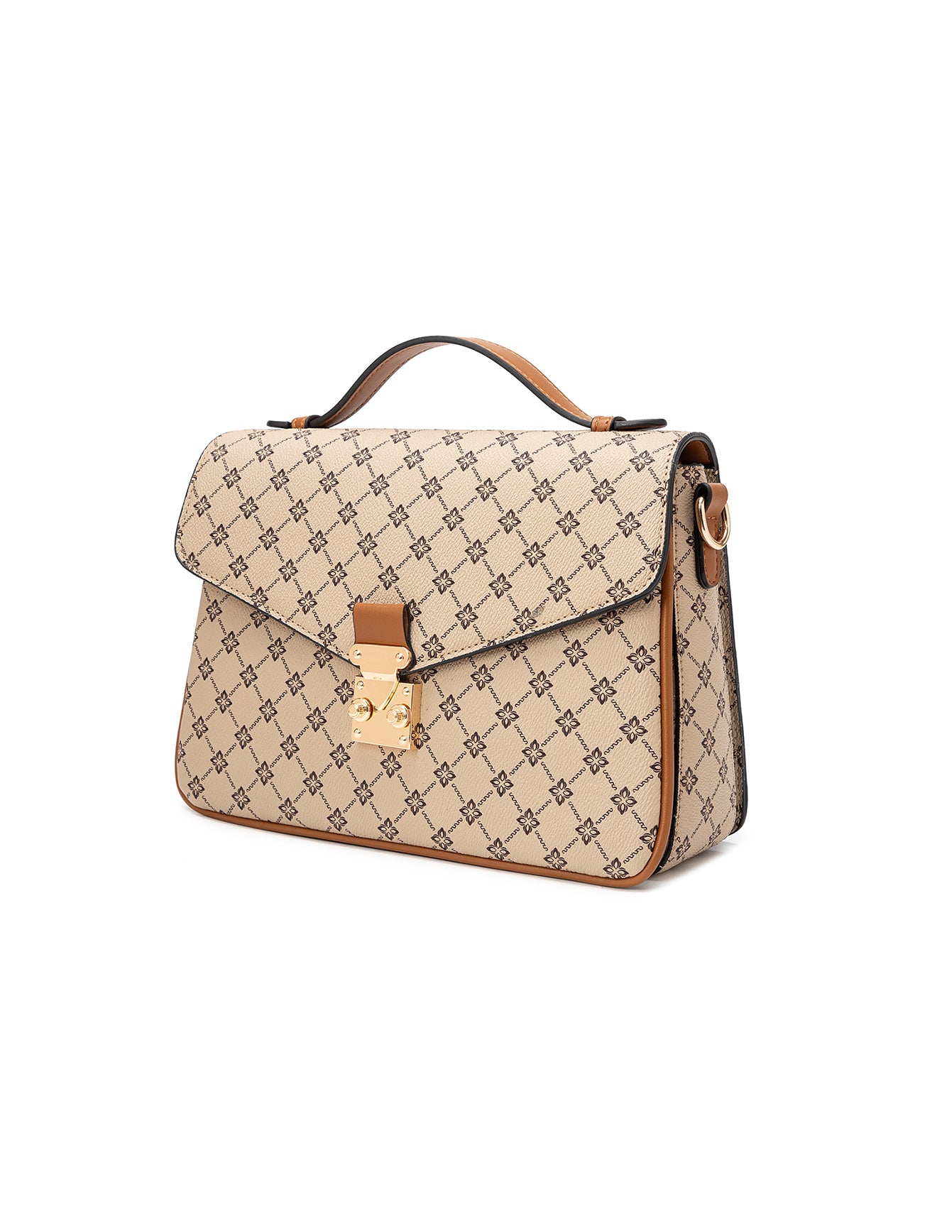 NAPLES TRIPLE COMPARTMENT BAG W/ CHAIN DETAIL AND ADJUSTABLE XBODY STRAP - BEIGE
