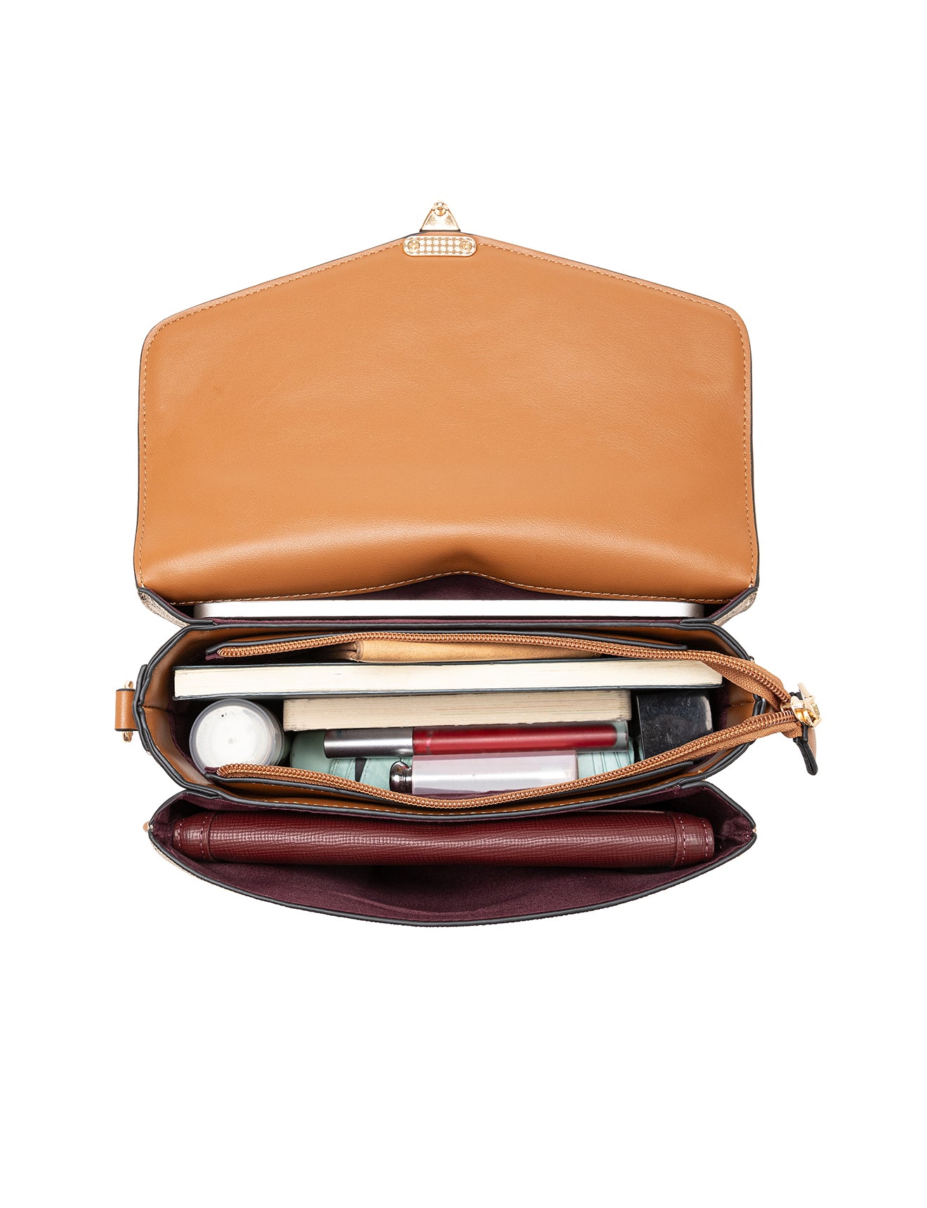 NAPLES TRIPLE COMPARTMENT BAG W/ CHAIN DETAIL AND ADJUSTABLE XBODY STRAP - BEIGE