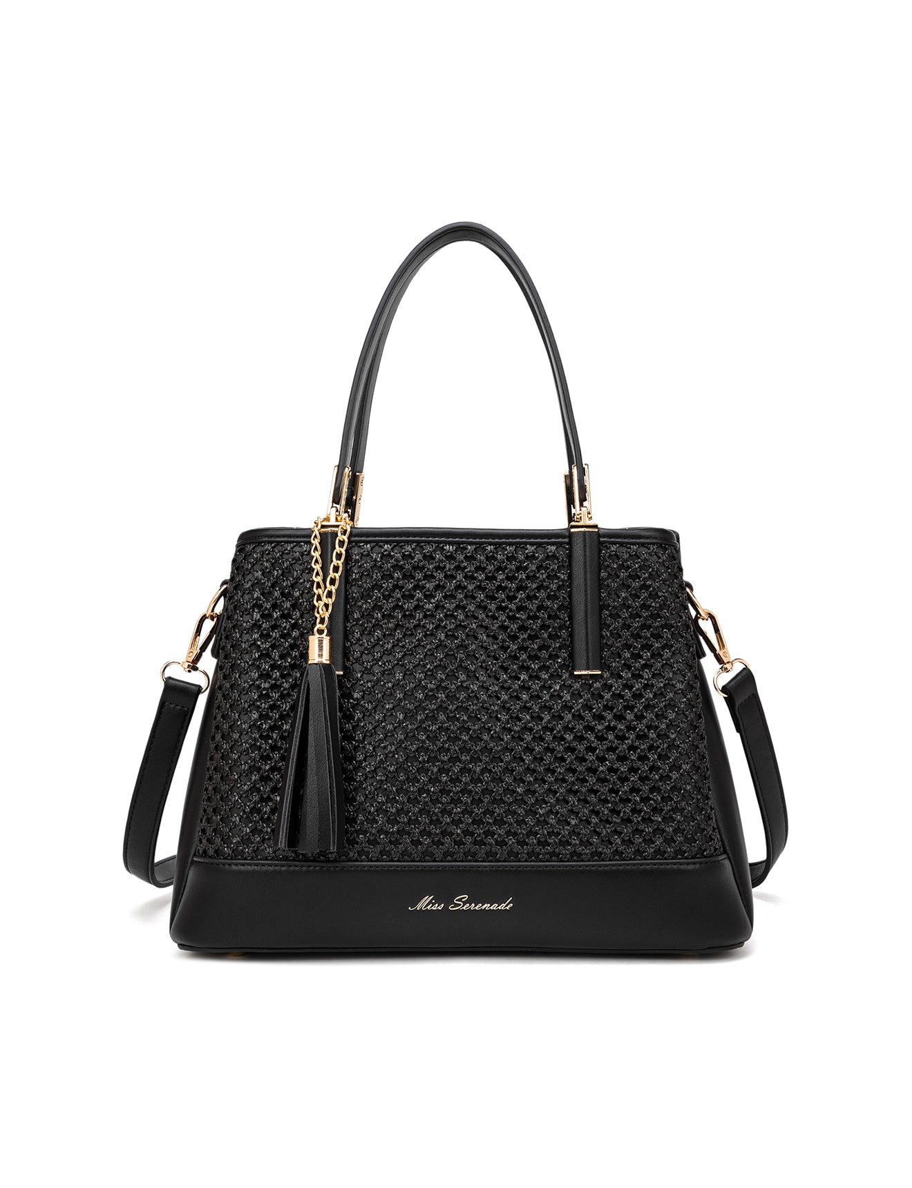 SYDNEY TRIPLE COMPARTMENT BAG WITH RAFFIA DETAIL AND XBODY STRAP - BLACK