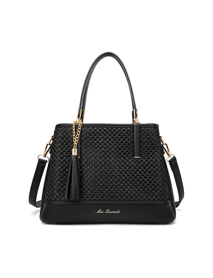 SYDNEY TRIPLE COMPARTMENT BAG WITH RAFFIA DETAIL AND XBODY STRAP - BLACK
