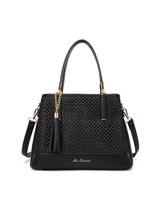 SYDNEY TRIPLE COMPARTMENT BAG WITH RAFFIA DETAIL AND XBODY STRAP - BLACK