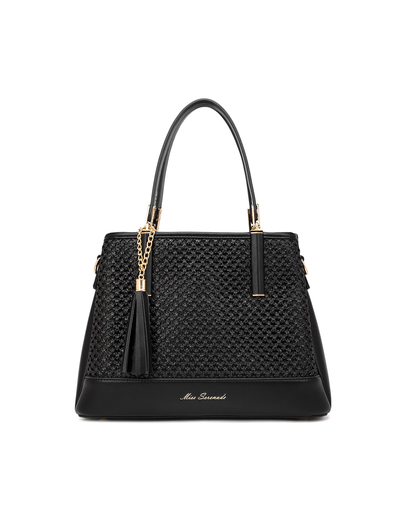 SYDNEY TRIPLE COMPARTMENT BAG WITH RAFFIA DETAIL AND XBODY STRAP - BLACK