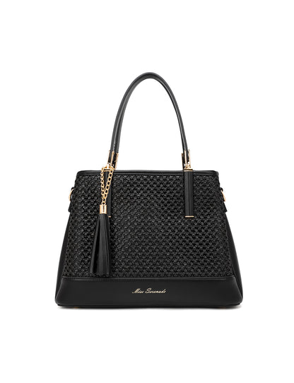 SYDNEY TRIPLE COMPARTMENT BAG WITH RAFFIA DETAIL AND XBODY STRAP - BLACK