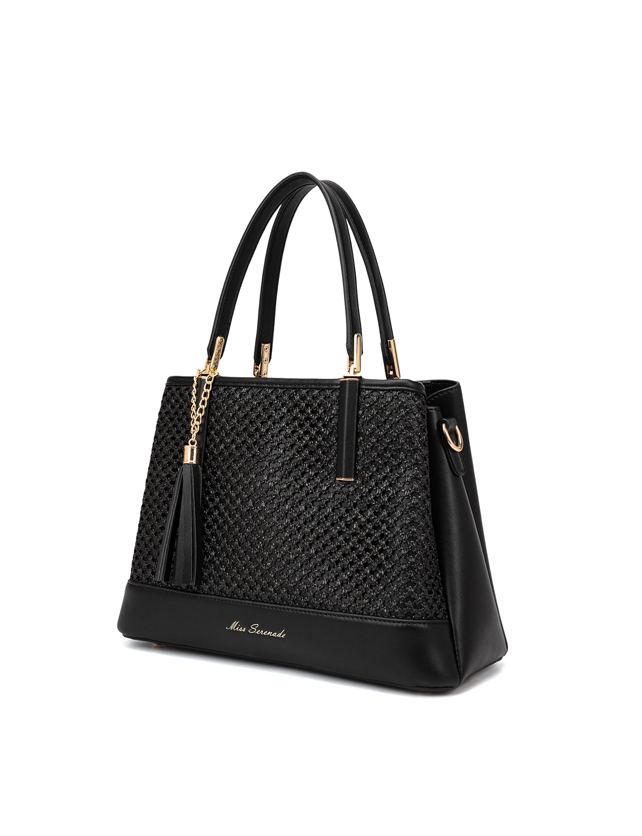 SYDNEY TRIPLE COMPARTMENT BAG WITH RAFFIA DETAIL AND XBODY STRAP - BLACK
