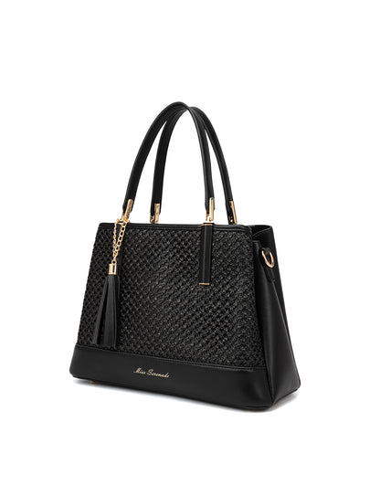 SYDNEY TRIPLE COMPARTMENT BAG WITH RAFFIA DETAIL AND XBODY STRAP - BLACK
