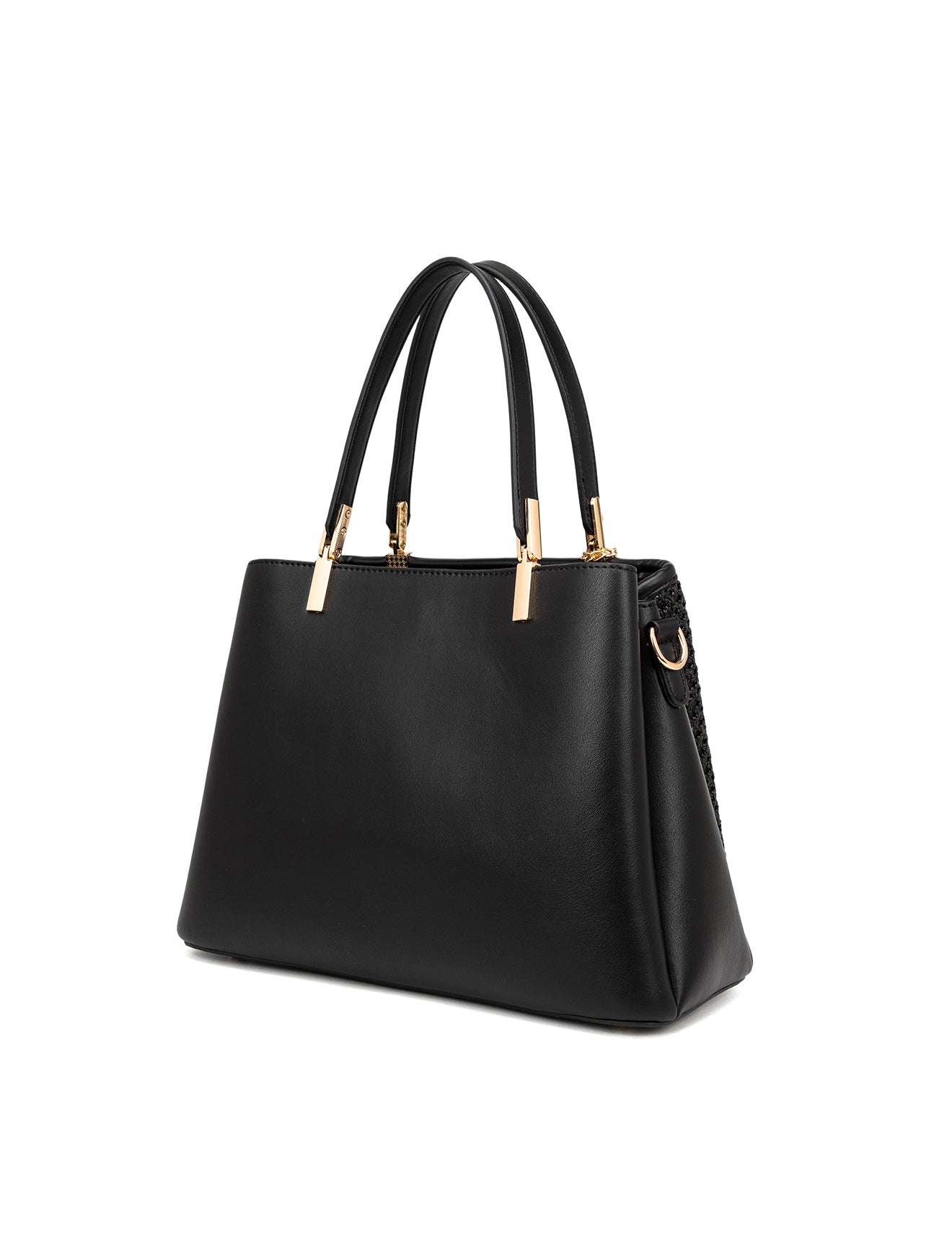 SYDNEY TRIPLE COMPARTMENT BAG WITH RAFFIA DETAIL AND XBODY STRAP - BLACK