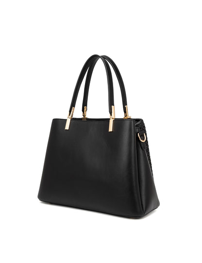 SYDNEY TRIPLE COMPARTMENT BAG WITH RAFFIA DETAIL AND XBODY STRAP - BLACK