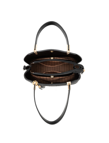 SYDNEY TRIPLE COMPARTMENT BAG WITH RAFFIA DETAIL AND XBODY STRAP - BLACK