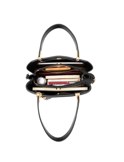 SYDNEY TRIPLE COMPARTMENT BAG WITH RAFFIA DETAIL AND XBODY STRAP - BLACK