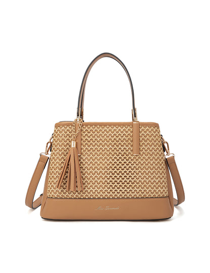 SYDNEY TRIPLE COMPARTMENT BAG WITH RAFFIA DETAIL AND XBODY STRAP - NATURAL