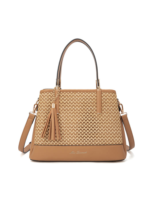 SYDNEY TRIPLE COMPARTMENT BAG WITH RAFFIA DETAIL AND XBODY STRAP - NATURAL