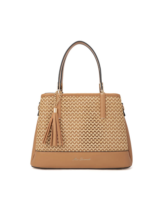 SYDNEY TRIPLE COMPARTMENT BAG WITH RAFFIA DETAIL AND XBODY STRAP - NATURAL