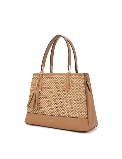 SYDNEY TRIPLE COMPARTMENT BAG WITH RAFFIA DETAIL AND XBODY STRAP - NATURAL