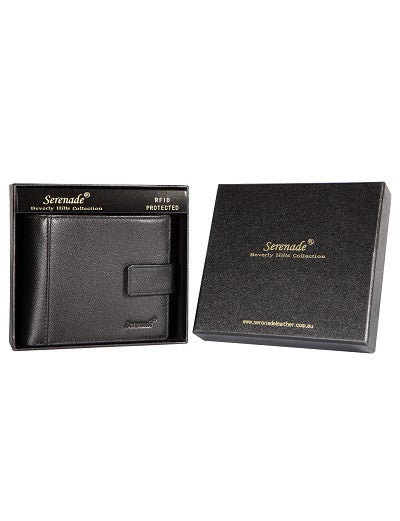 CAESAR MEN'S LEATHER BILLFOLD WALLET WITH TAB CLOSURE AND RFID-  GRAIN FINISH (BLACK)